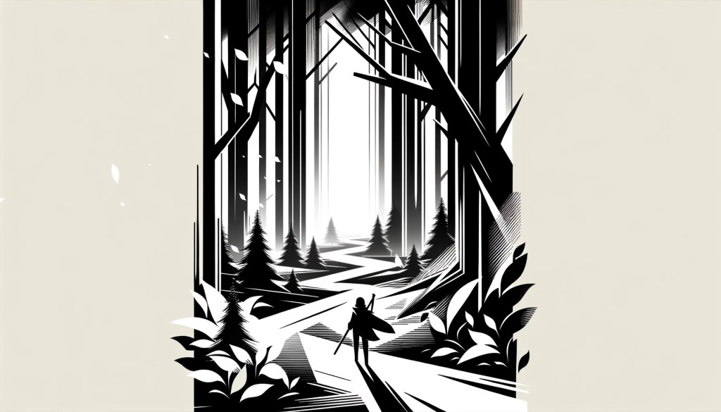 A hero starting out on a long journey through a forest.